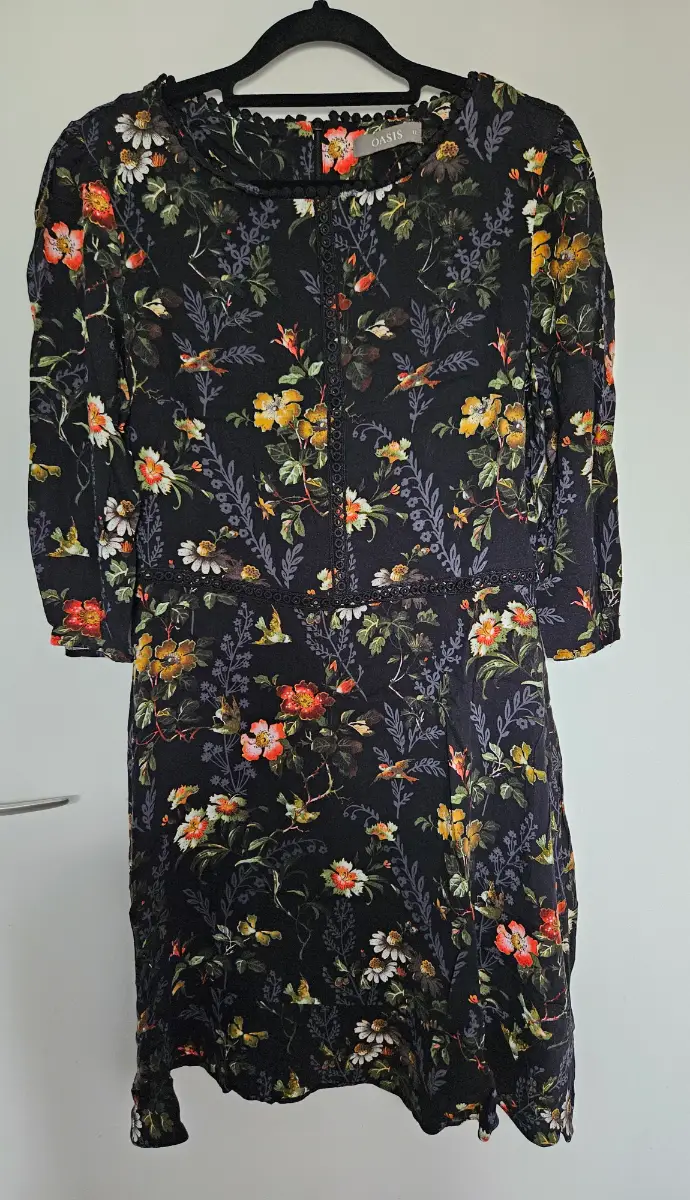Oasis Black Floral Wildflower & Bird Print Dress With Lace Trim Size UK 12