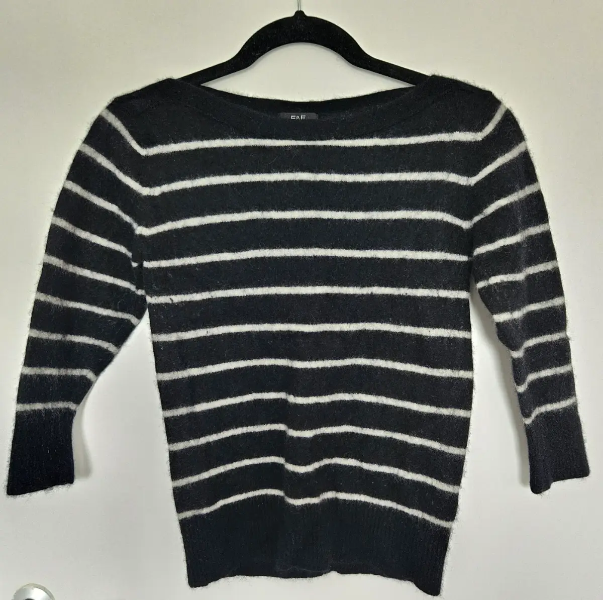 F&F 100% Cashmere Black & White Striped 3/4 Sleeve Jumper Size UK 8