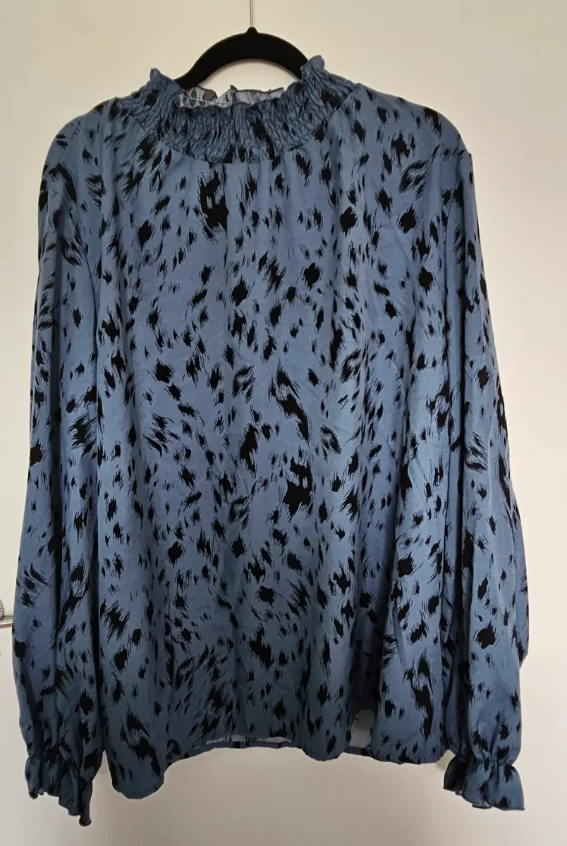Slate Blue Abstract Animal Print Smocked High Neck Blouse Plus Size 4XL