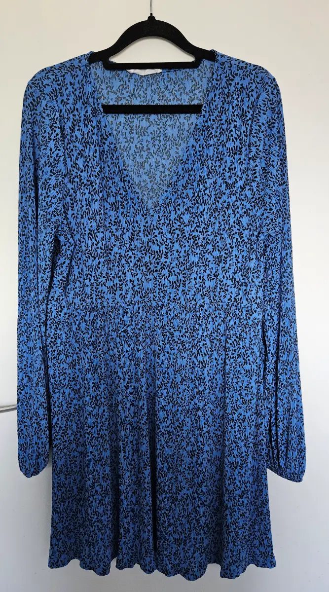 Primark Blue Botanical Plissé Crinkle Mini Dress - Size 14/16 (L)
