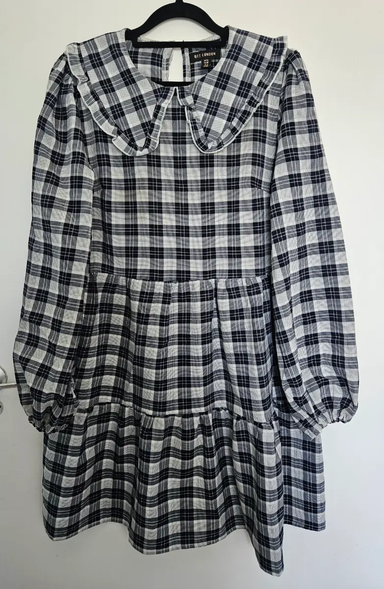 QED London Navy & White Gingham Check Statement Collar Tiered Smock Dress UK 10