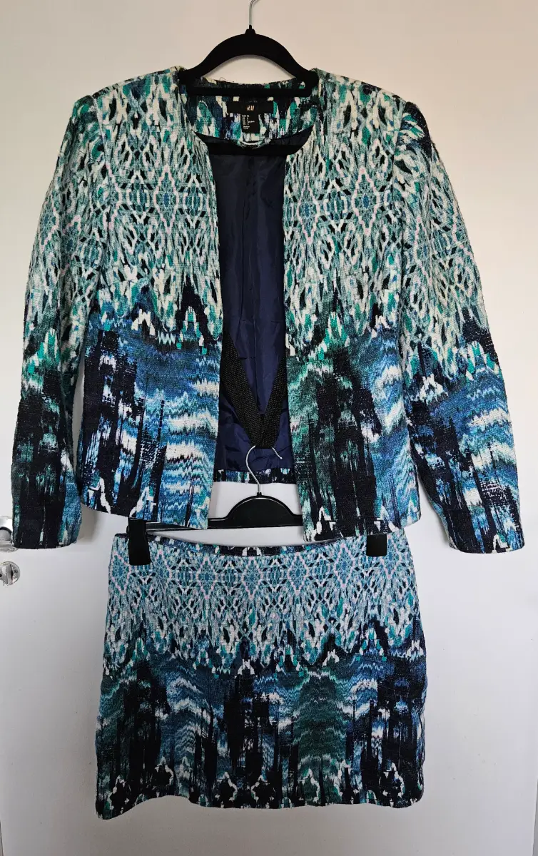 H&M Cotton Linen Blue Teal Ikat Print Cropped Jacket & Mini Skirt Co-Ord Set Size 8/10