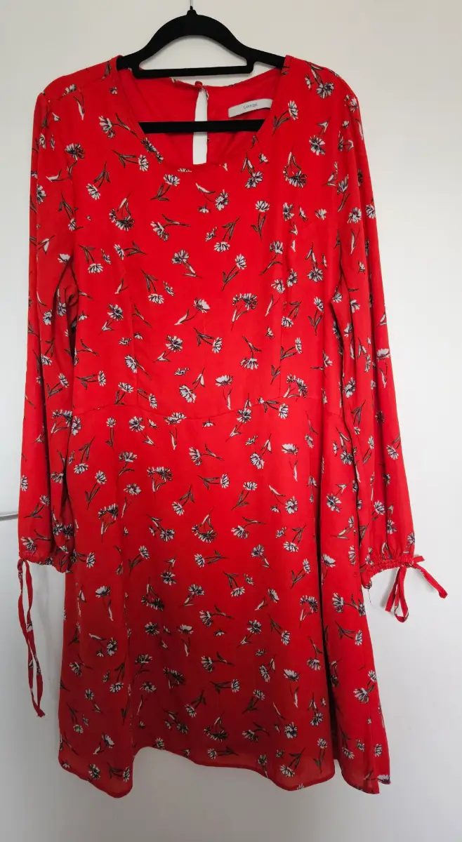 George Red & White Floral Long Sleeve A-Line Smock Dress UK 18