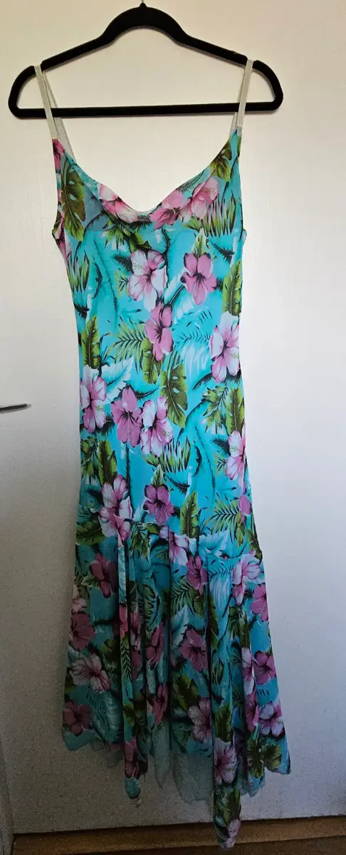 Vintage Y2K OCCO Paris Turquoise Mesh Hibiscus Tropical Slip Dress Size 10/12