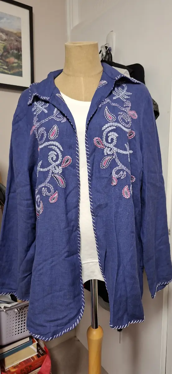 Beautiful blue lightweight jacket with hand sewn embroidered finish. 3xl