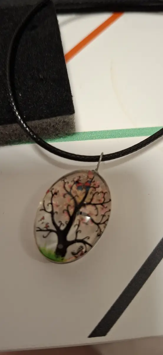 Resin necklace with pink tree, 16"