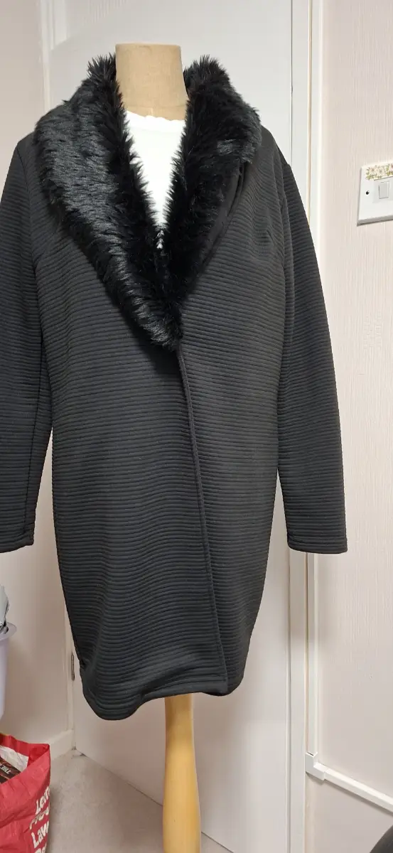 Black furry necklined coat, size 12