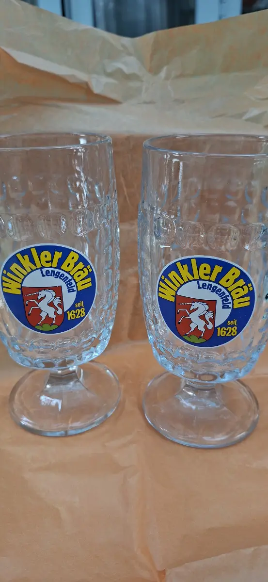 Two Winkler Bräu Lengenfeld thumbprint beer glass