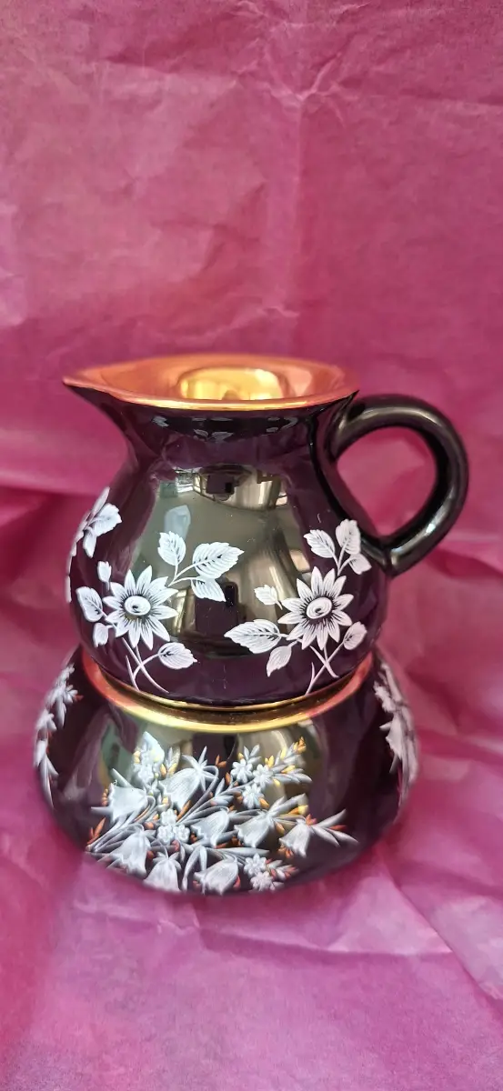 Vintage Prinknash pottery, black and gold, little jug and trinket bowl