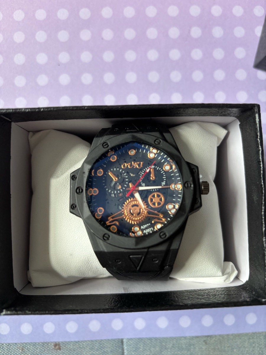 OPK Skeleton Chronograph Watch – Black & Rose Gold Sport Designer Timepiece, Brand New Boxed