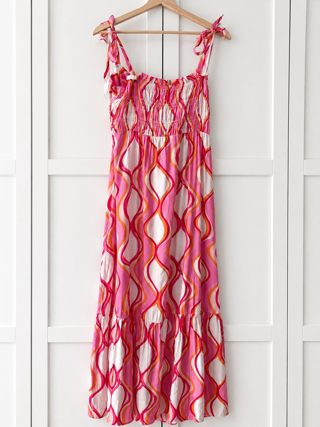 Orange pink abstract retro summer dress tie detail holiday dopamine statement backless 16