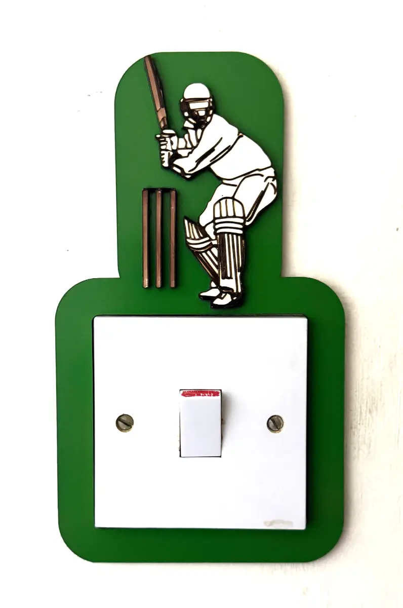 Cricket Batsman Wooden Light Switch Cover – Handmade Sports Wall Decor