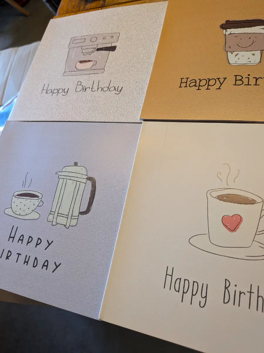 Pack of 8 Greetingles Coffee Doodle Birthday Cards with Envelopes - Made in UK