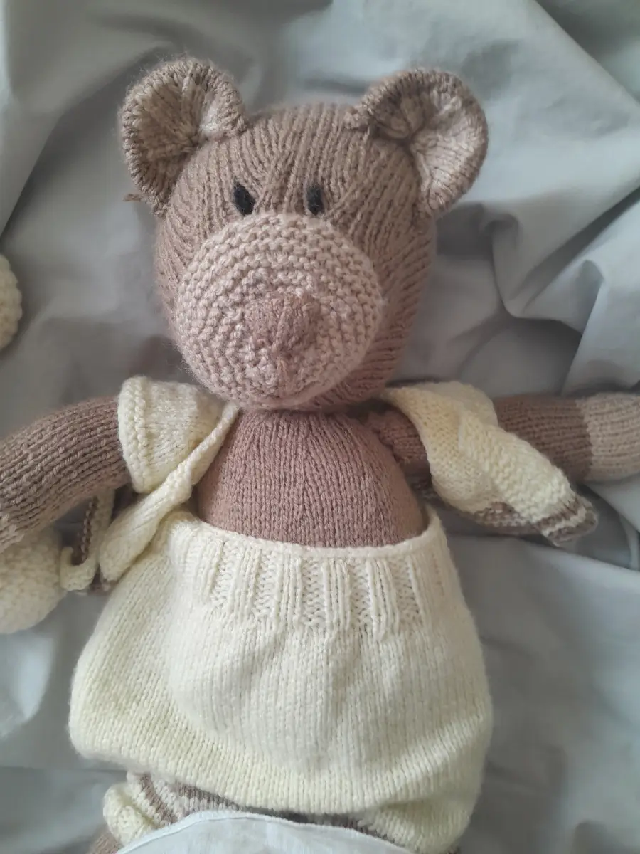 knitted stuffed toy cat with removable clothes crochet