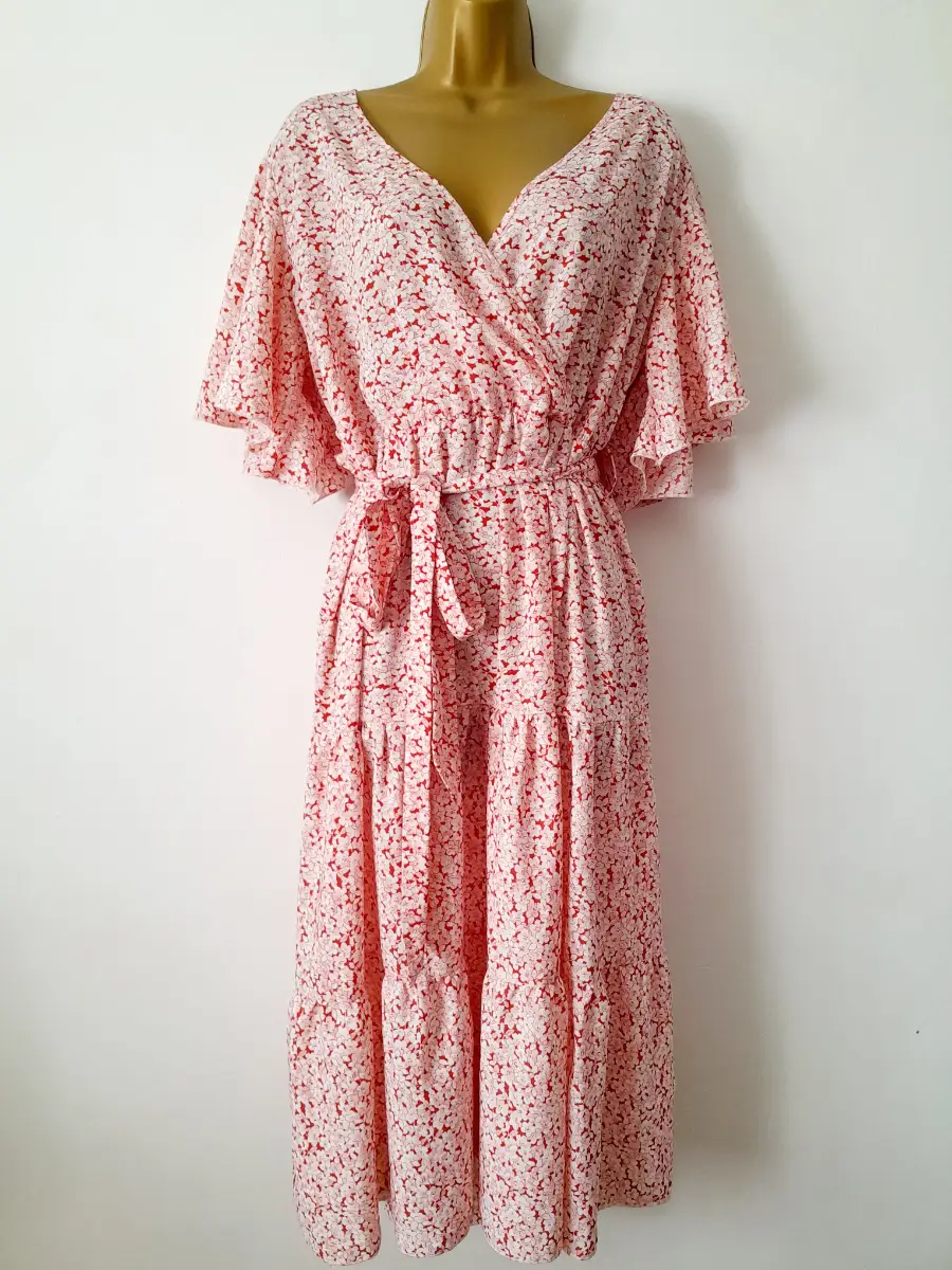 size 18-20 1XL pink red floral summer midi dress with belt