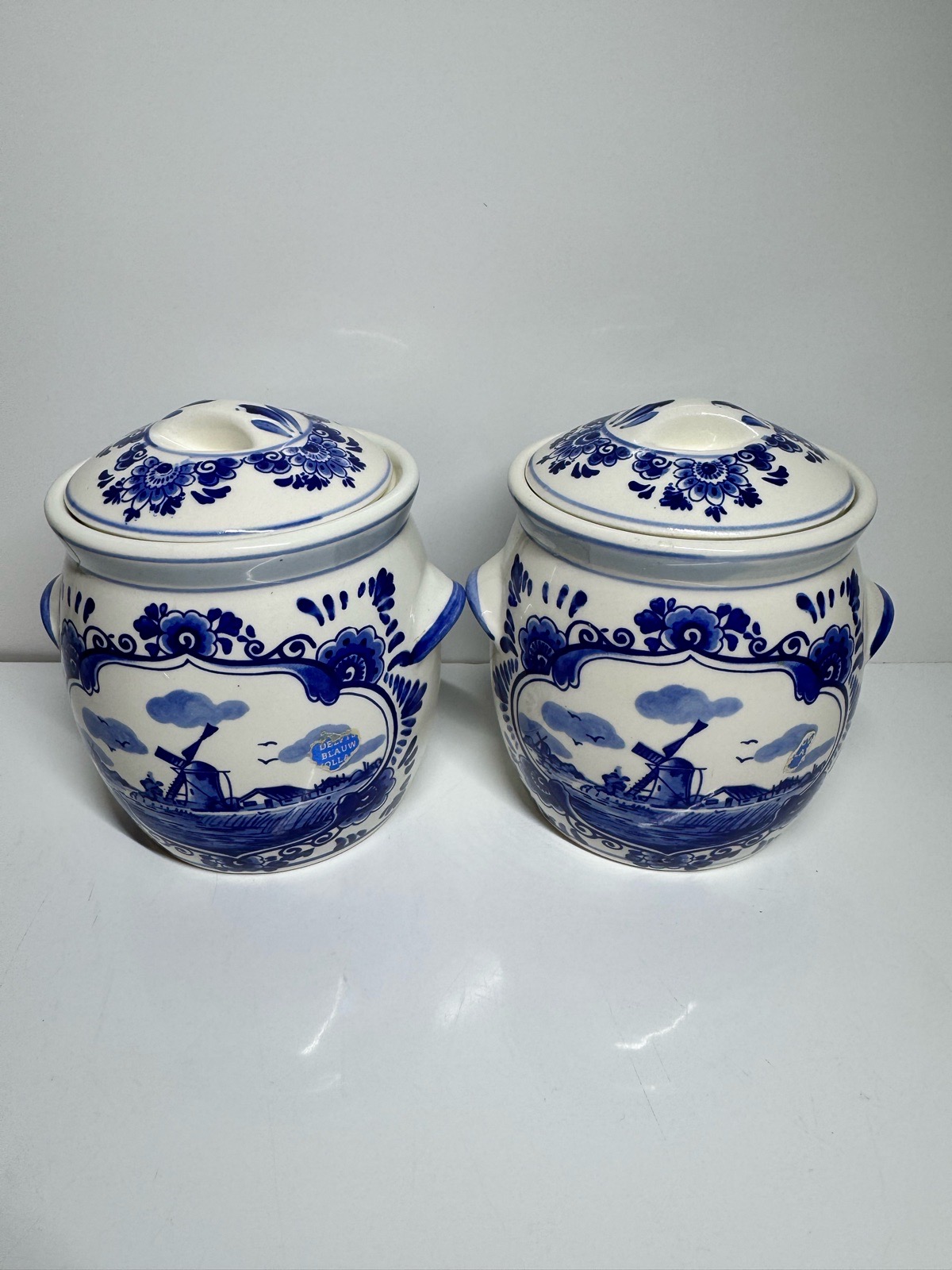 Pair Vintage Elesva Holland Delftware Mustard Condiment Jars Windmill