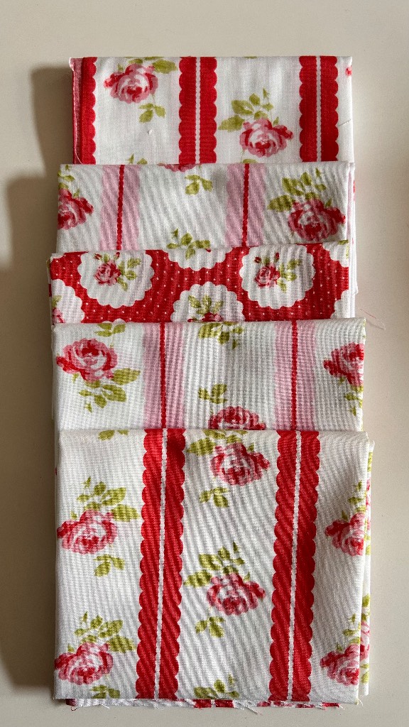 Five cotton fat quarters, pink & red florals. Tanya Whelan for Free Spirit