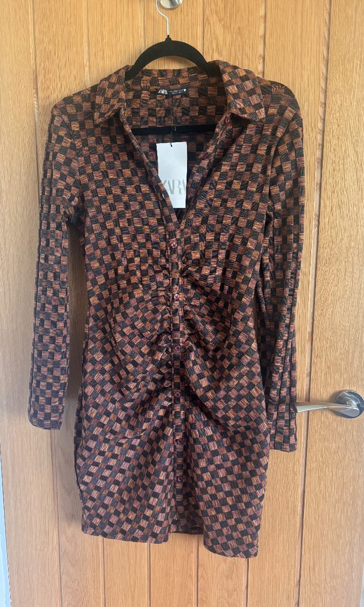 Zara Brown Check Stretch Dress Size Medium New