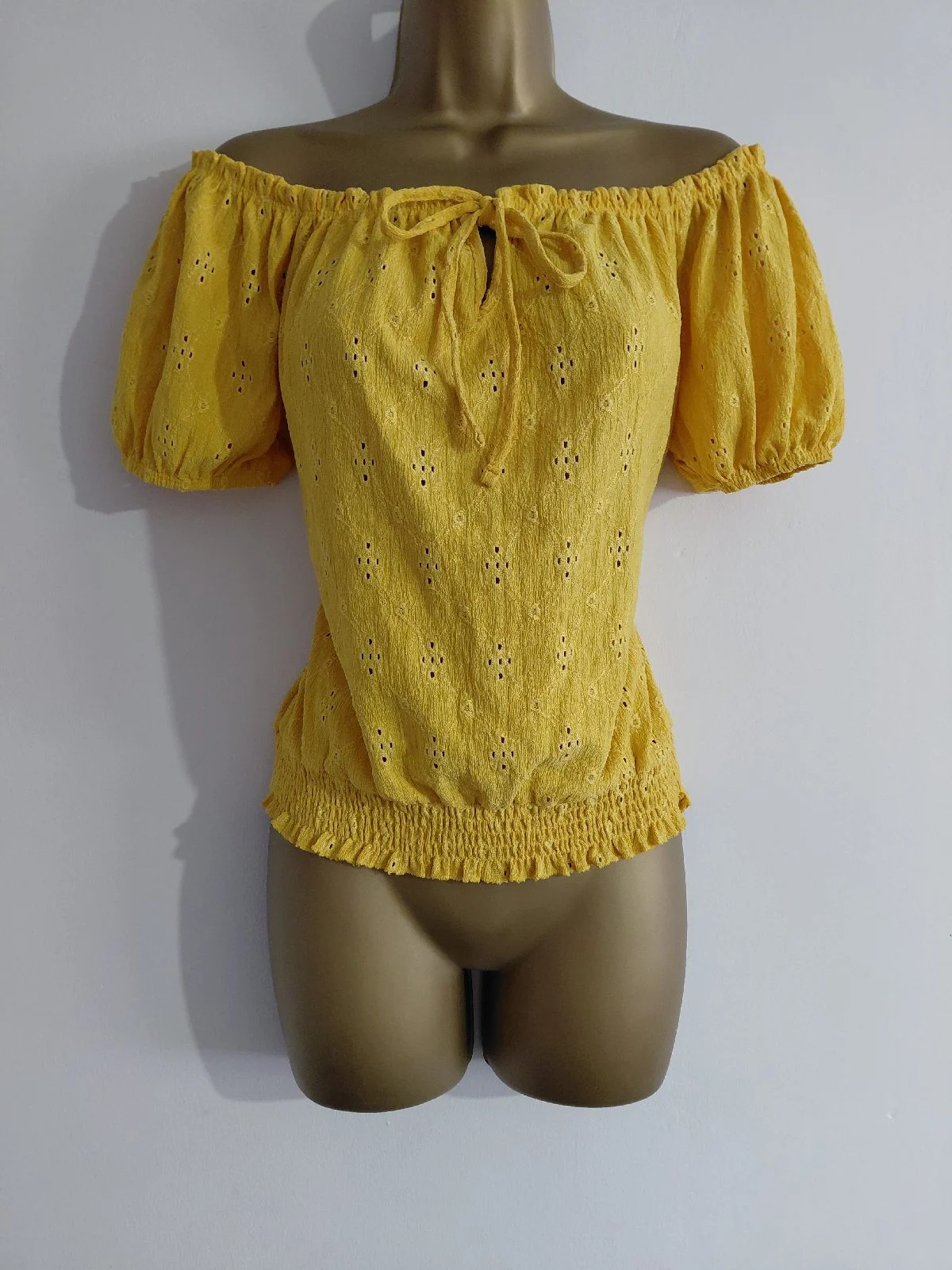 Yellow pointelle off the shoulder top, George, 8