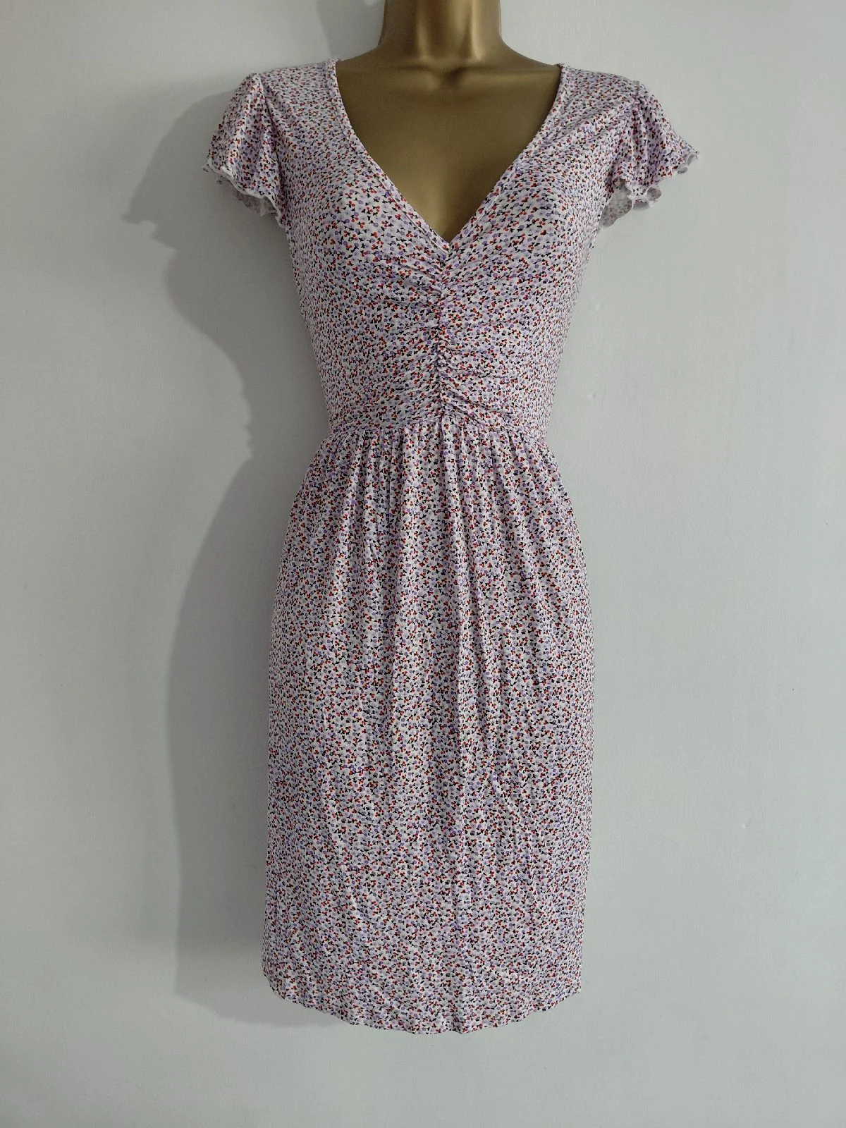 White and purple floral v neck midi dress, George, 8