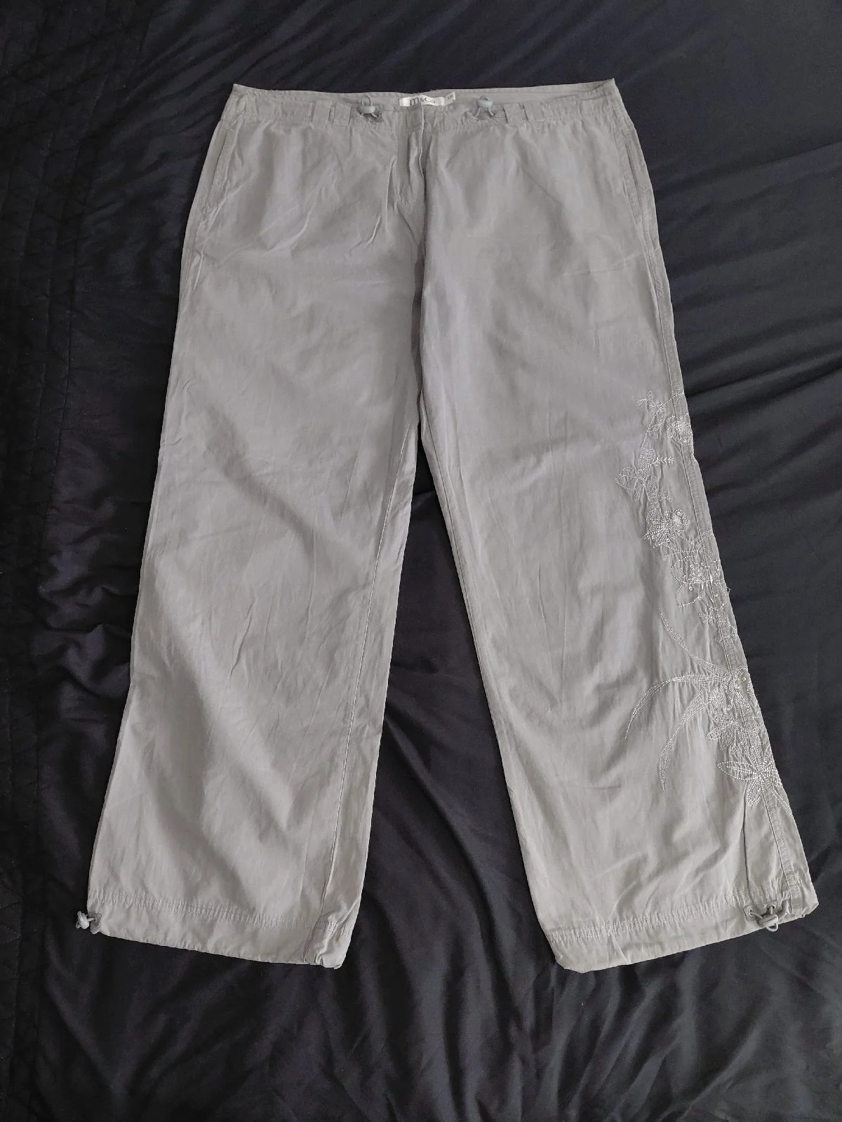 Y2k grey embroyderd parachute style trousers, M&Co, 18