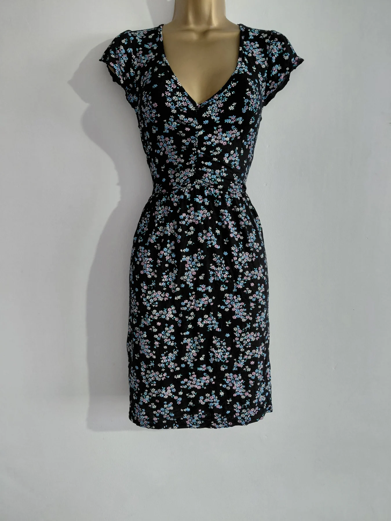 Black pink and blue floral v neck midi dress, George, 8
