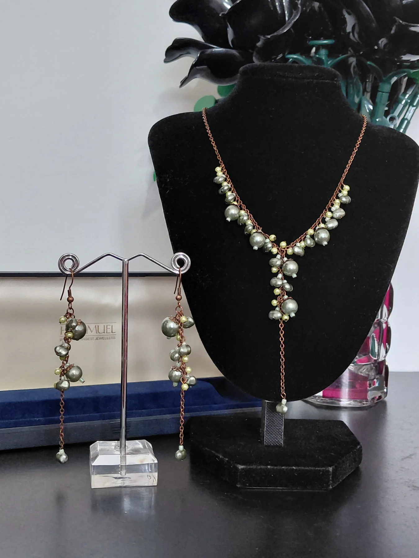 Vintage copper and green imitation pearl drop necklace and earings, H.Samuel