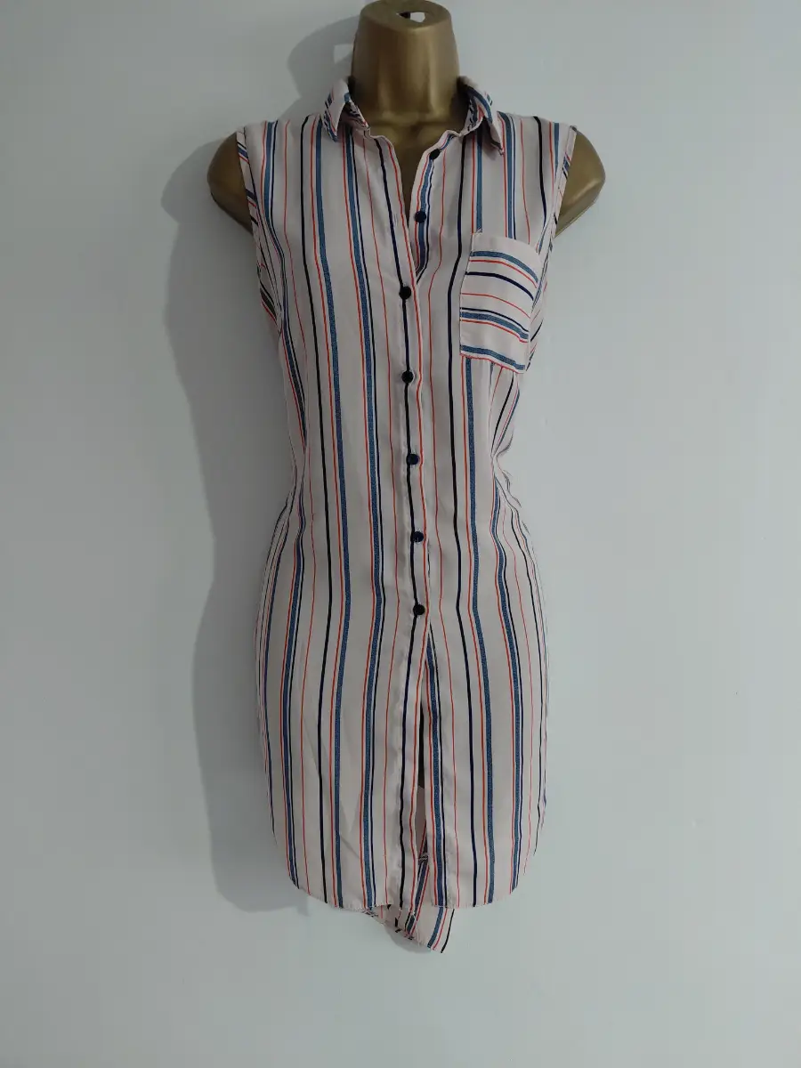 Blue pink and beige striped long button up shirt, Atmosphere, 8