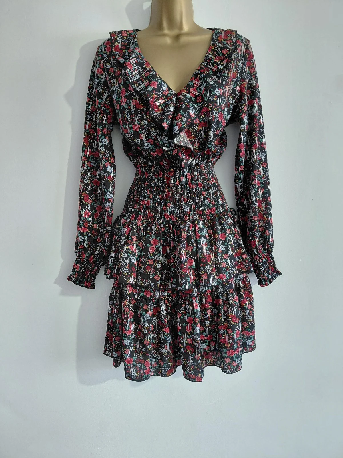 Red and black smocked waist dress, jubylee, S/M