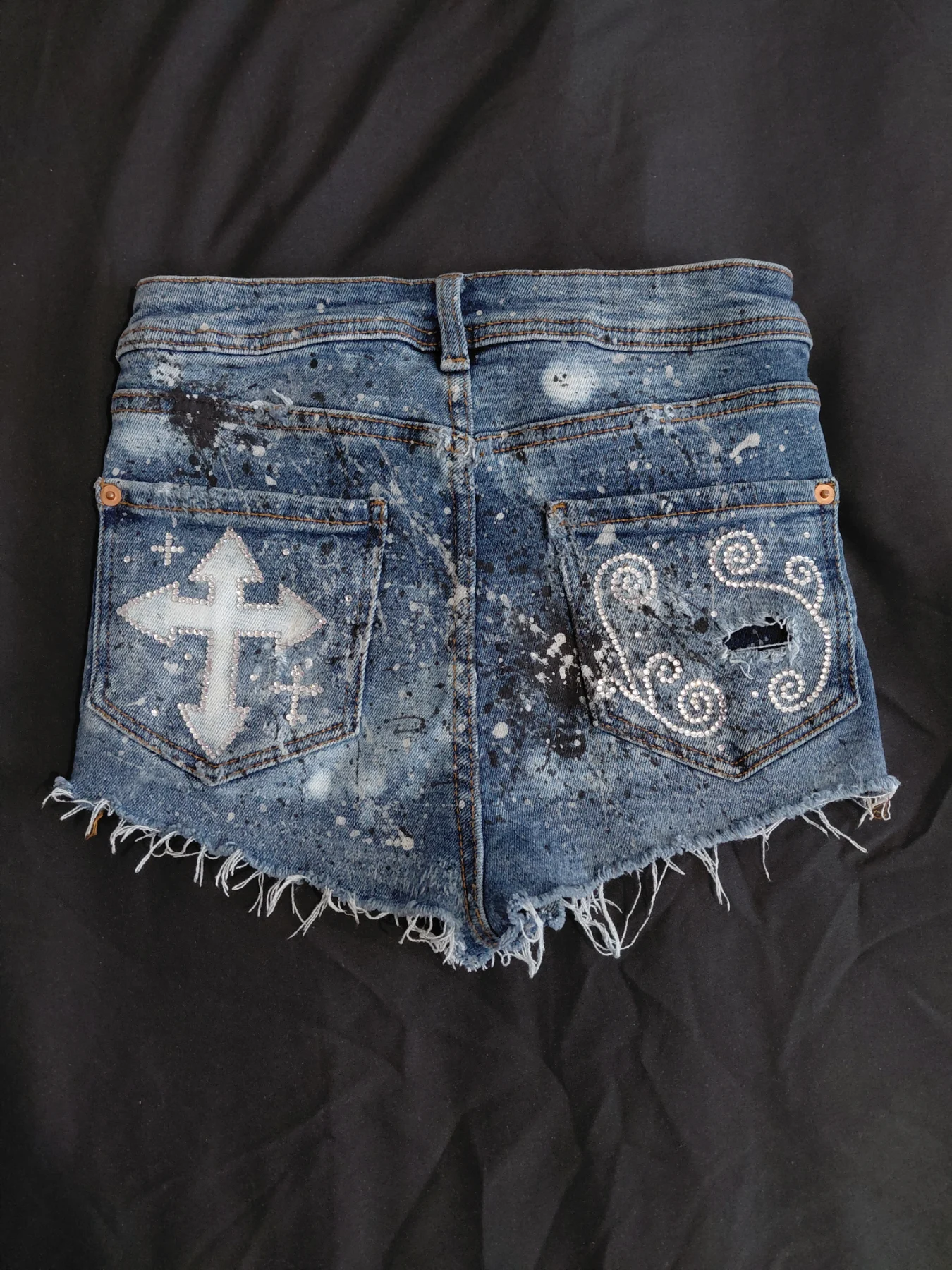 Customised bleached and rhinestone cross denim mini shorts, George, 8