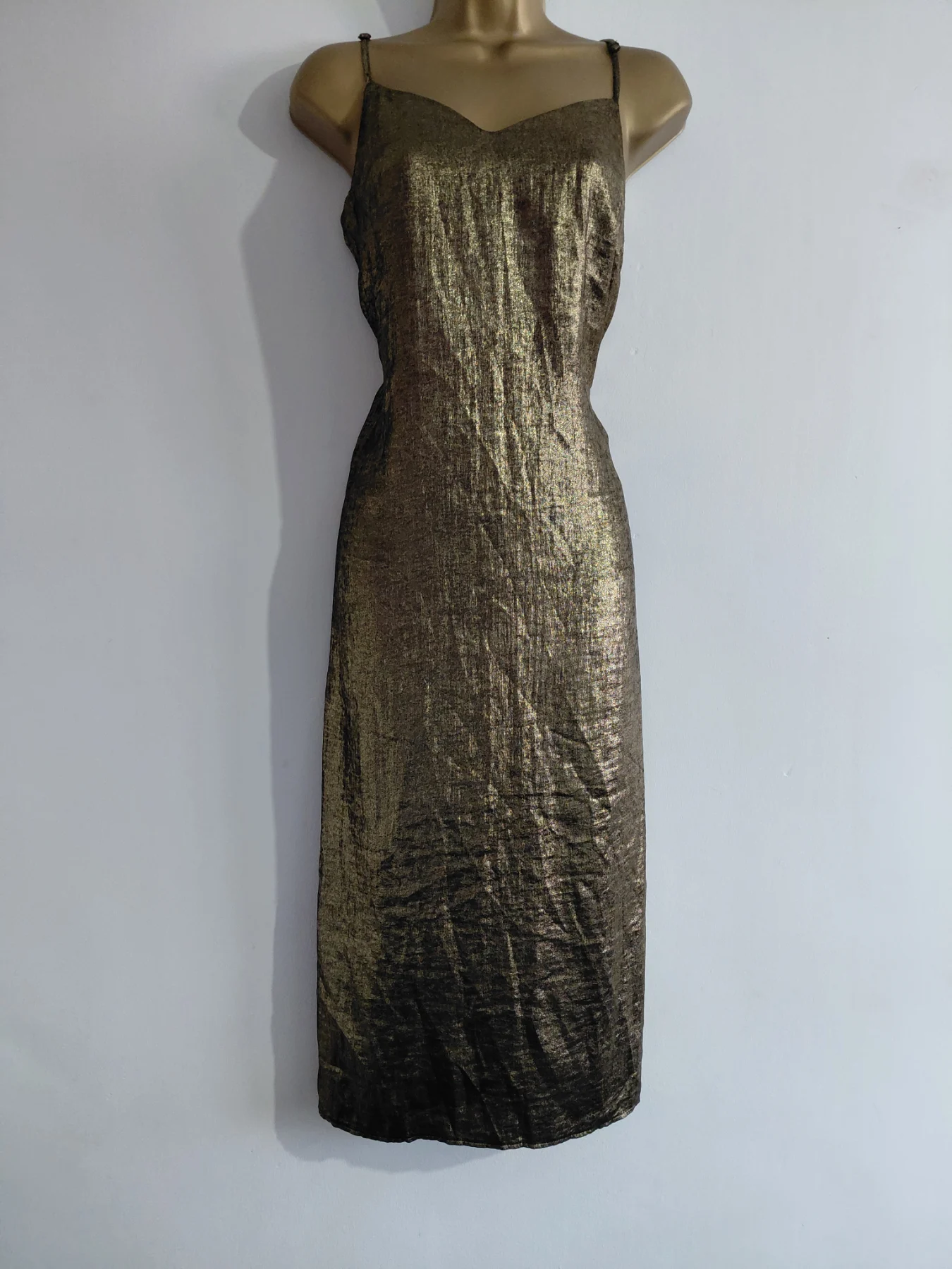 Gold foil long strappy satin slip dress, George, 8
