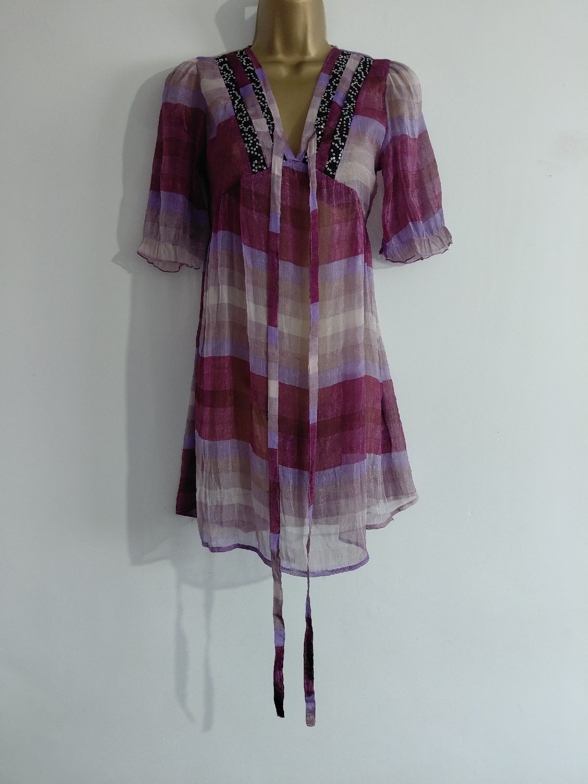 Y2k sheer purple striped baby doll mini dress, M Butterfly, Small