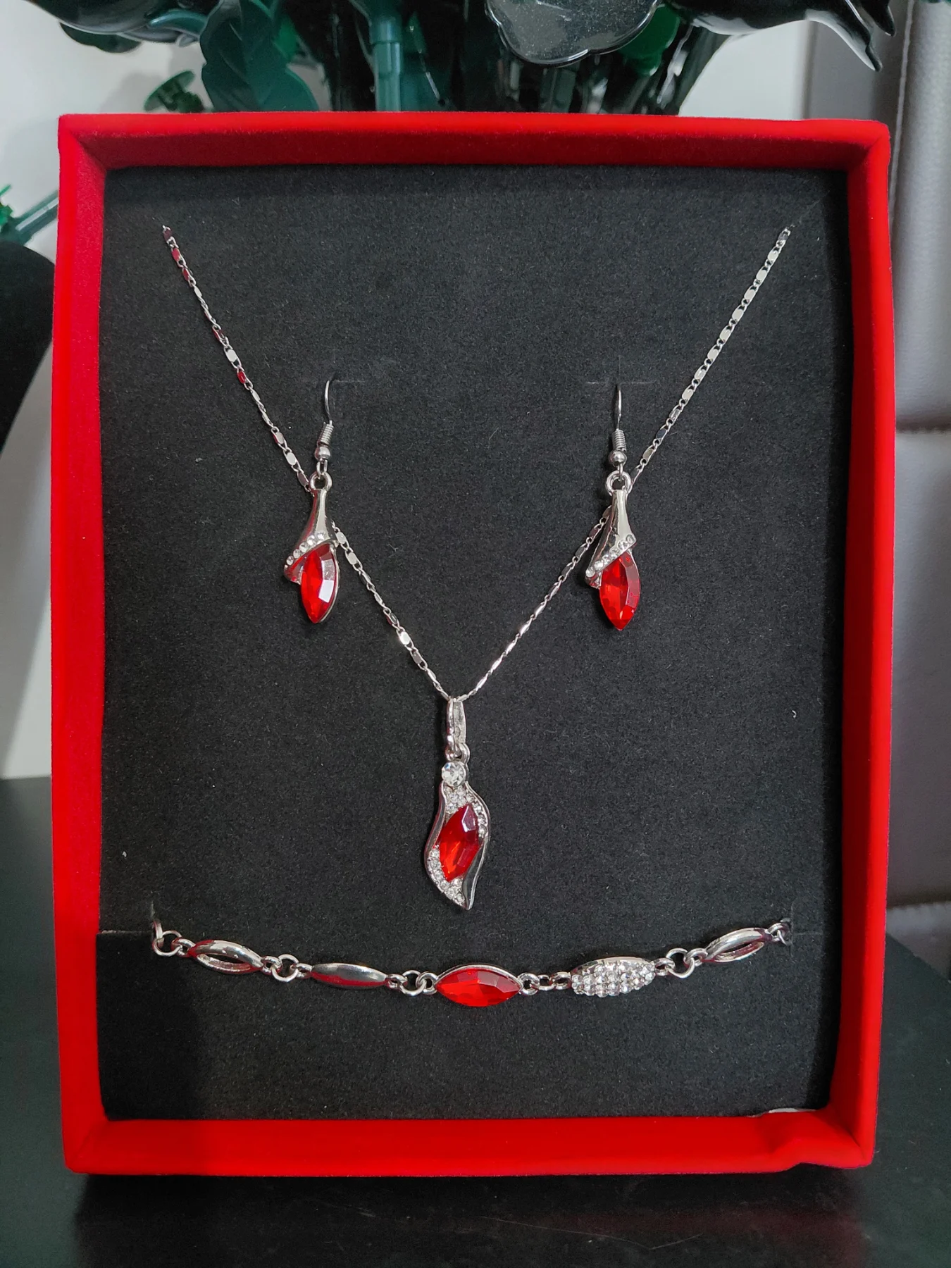 Silver and red jewelery set with earings, necklace and bracelet