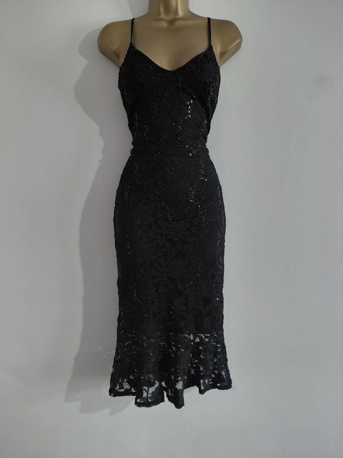 Black lace and sequin camisole style bodycon midi dress, Quiz, 10