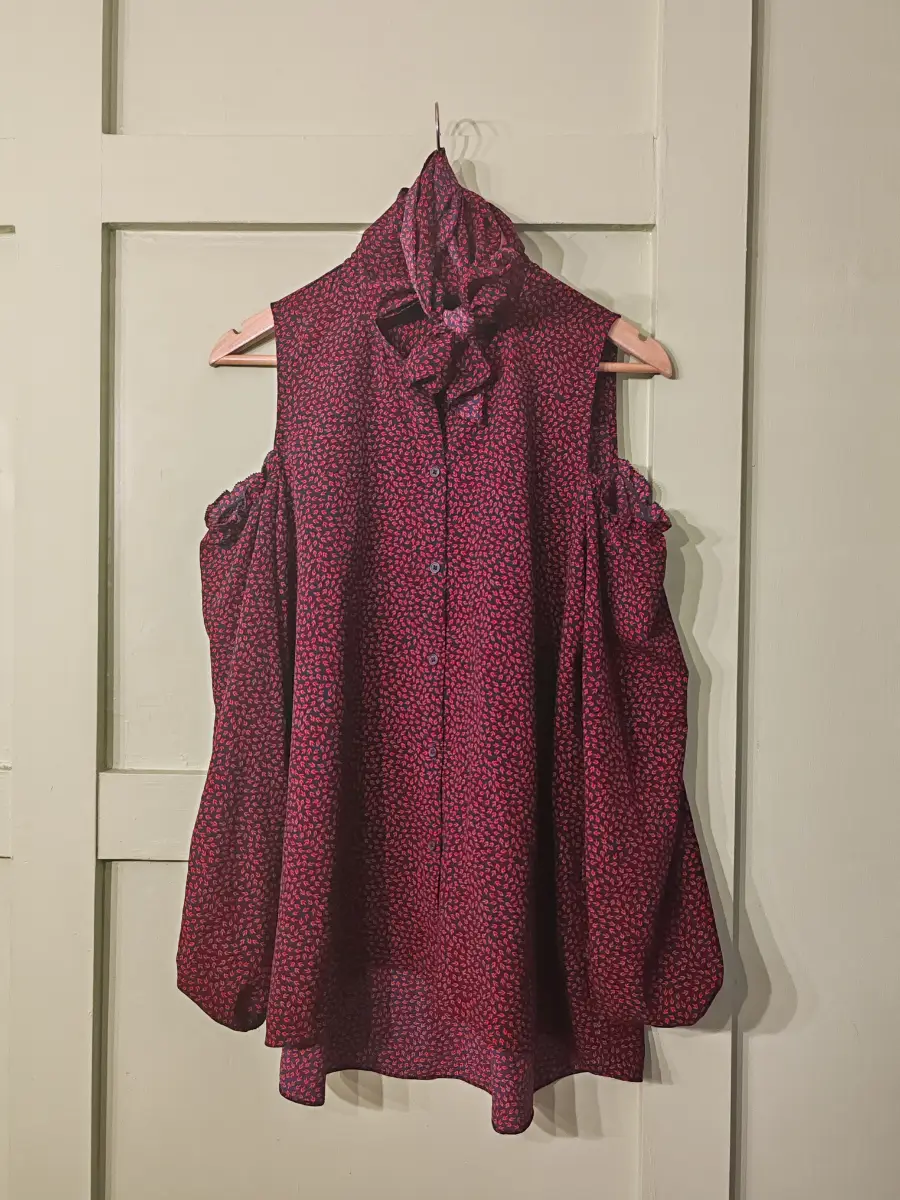 French Connection Cold Shoulder Tie Neck Cuff Sleeve Chiffon Blouse Size UK12 Summer Holiday Autumn