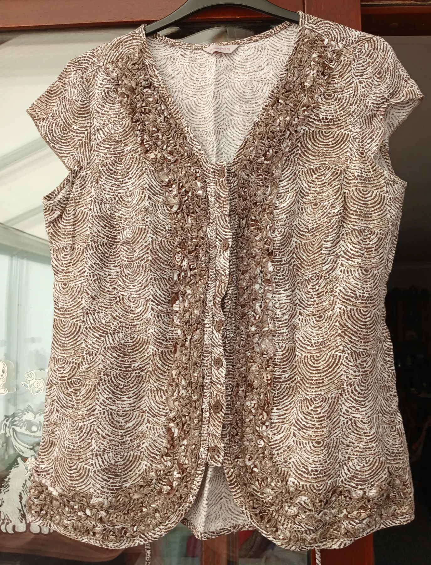 Ladies Per Una 100% Linen Cap Sleeve Brown Cream Swirls Size 18