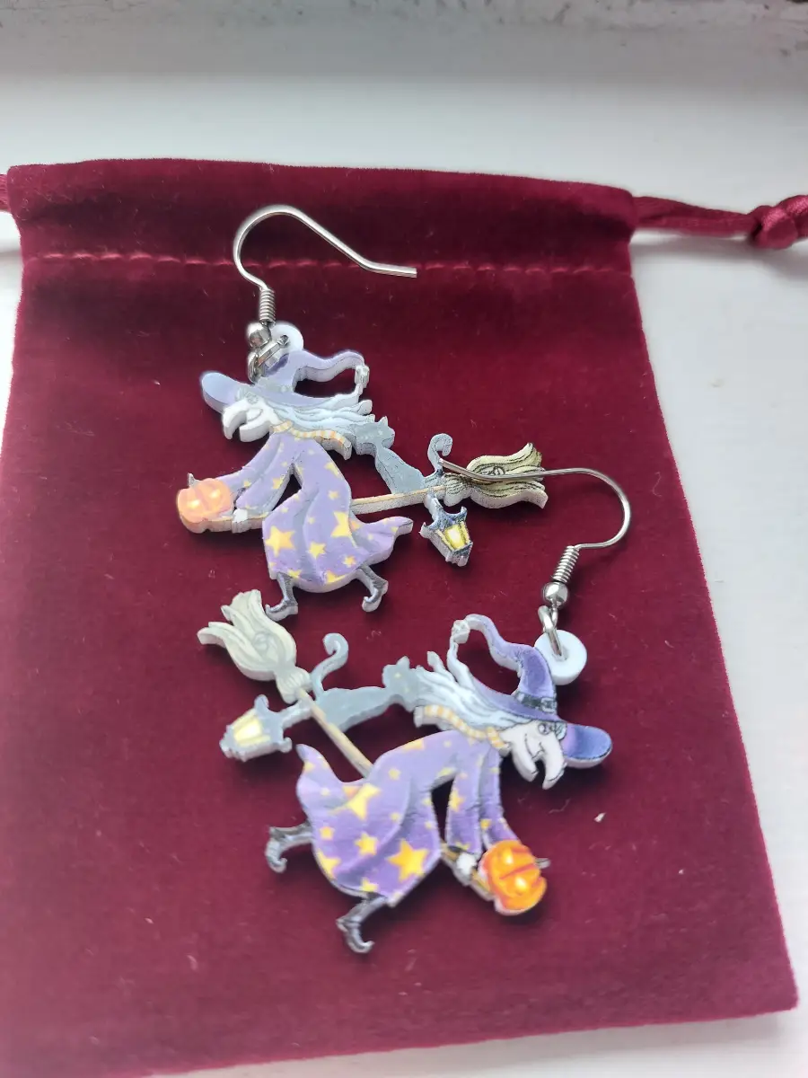 Witch shaped printed acrylic earrings