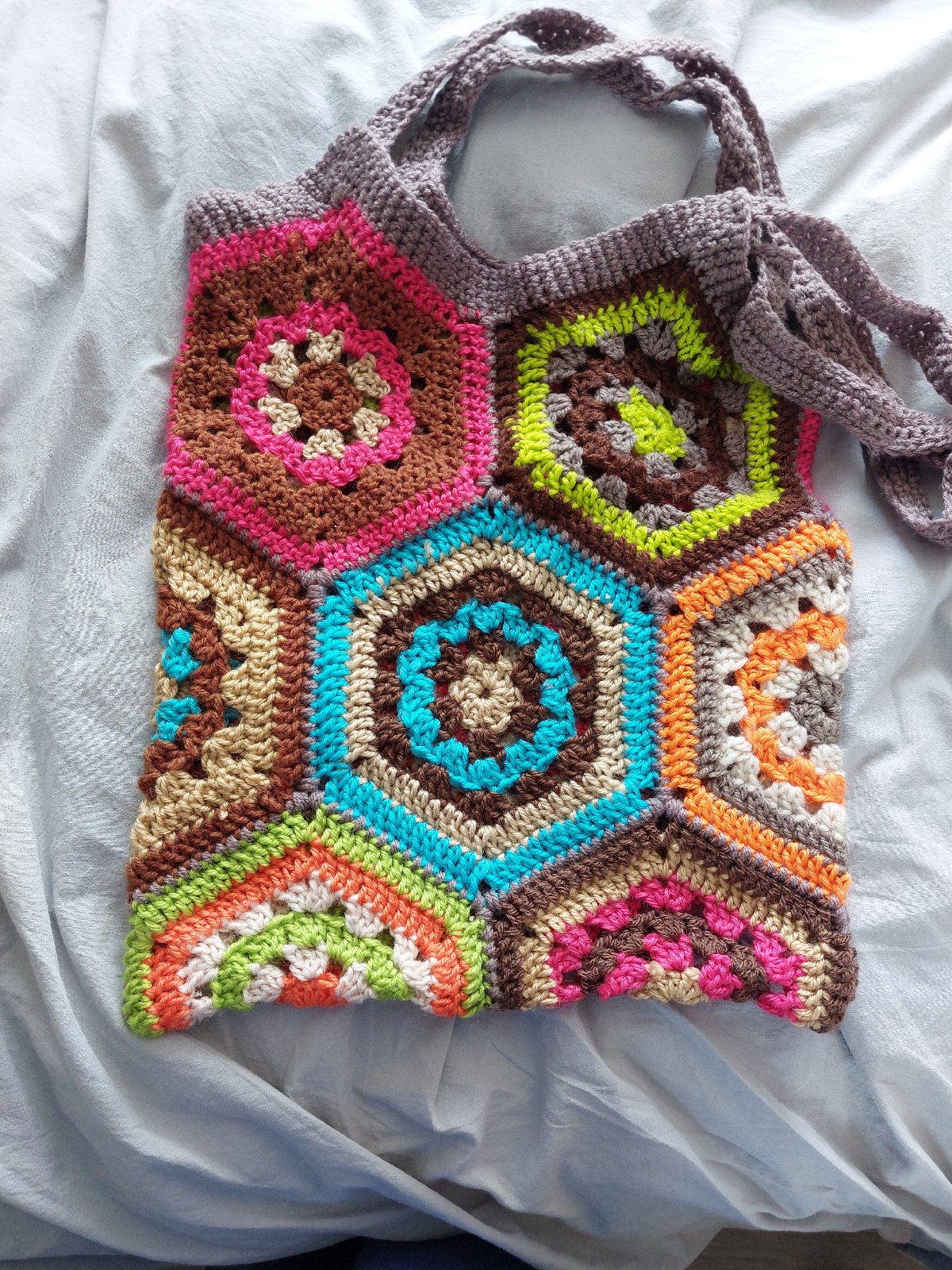 Hand crafted crochet retro hexagons over shoulder tote bag
