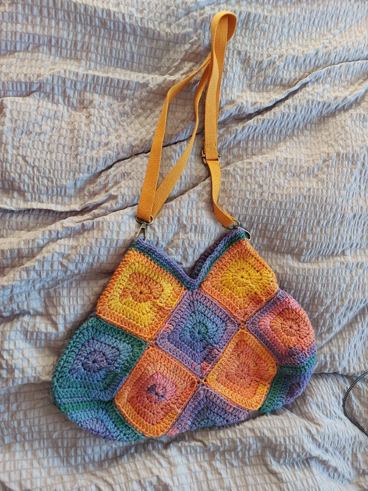 Hand crafted crochet rainbow squares shoulder bag teardrop shape
