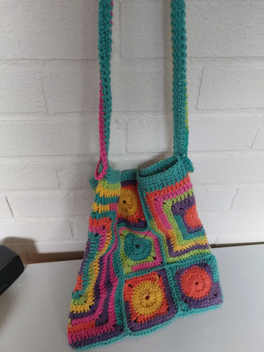 Hand crafted crochet rainbow squares tote bag