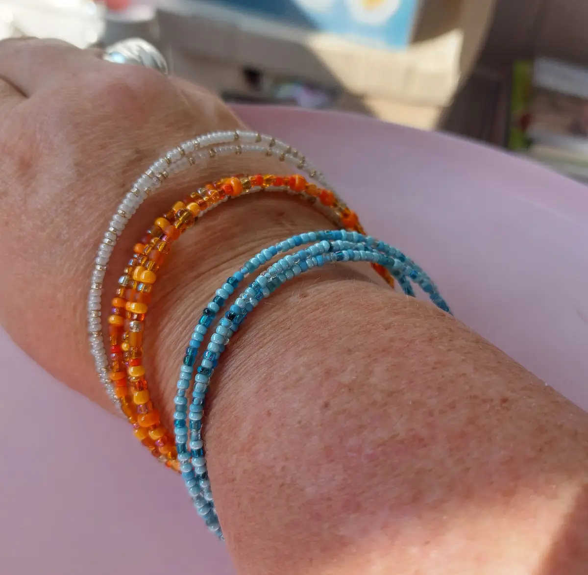 Set of three memory wire spiral beaded bracelets