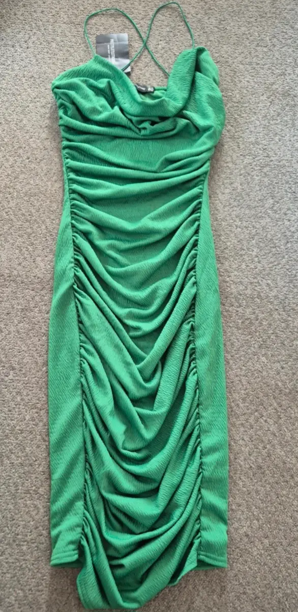 PrettyLittleThing Green Crinkle Texture Buched Cowl Neck Midi Dress 10uk NWT
