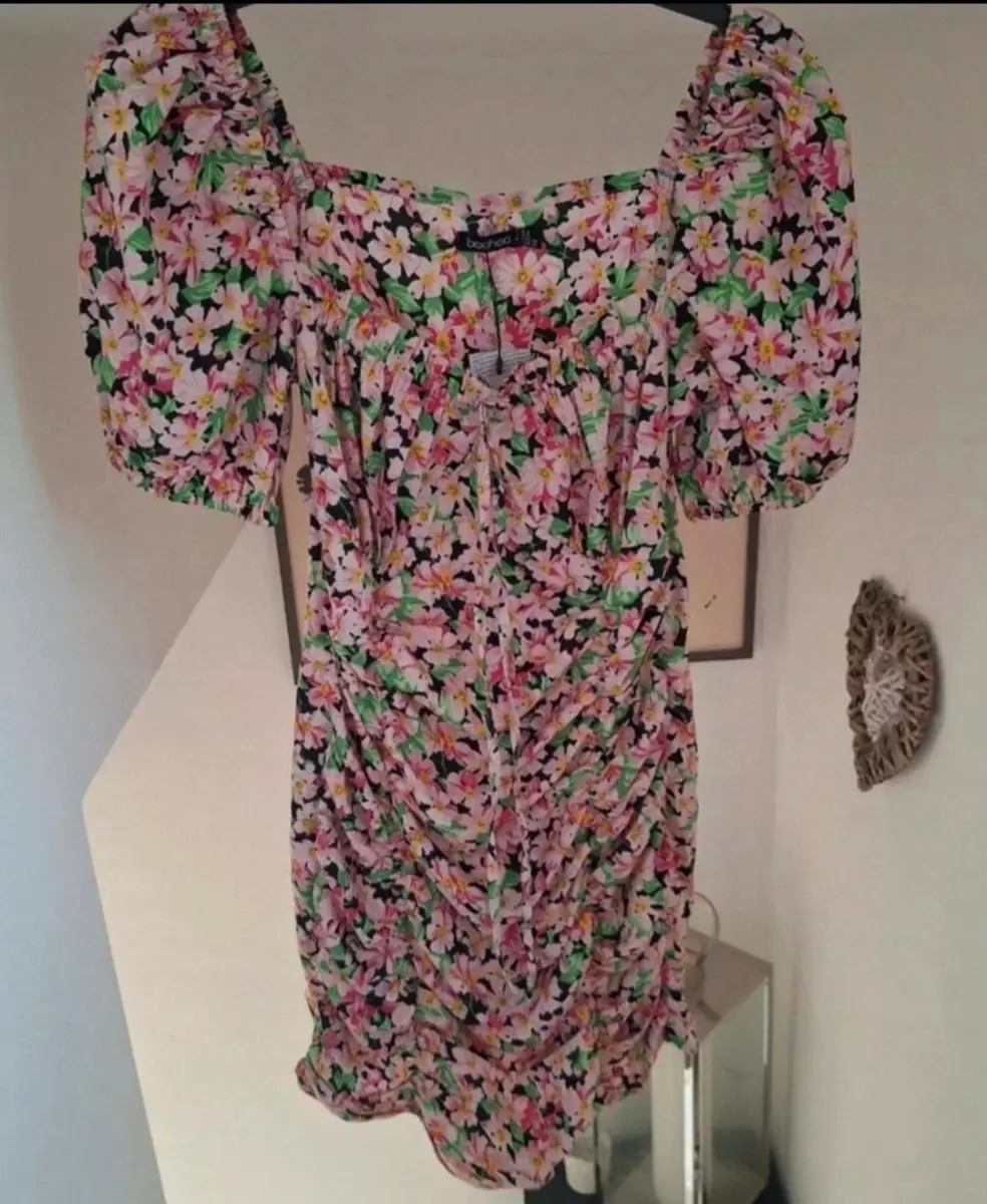 Boohoo Floral Ruched Front Tie Detail Mini Dress 8uk