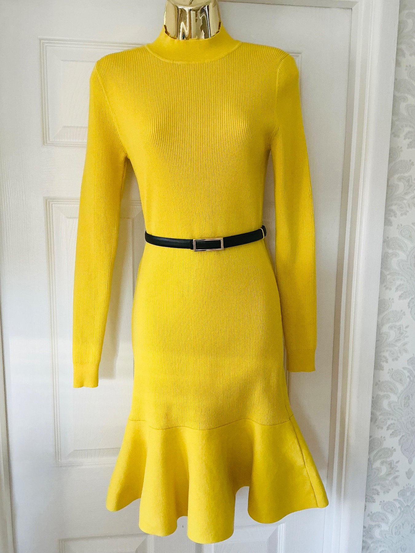 Karen Millen Yellow Ribbed Knit Peplum Hem Dress Size M