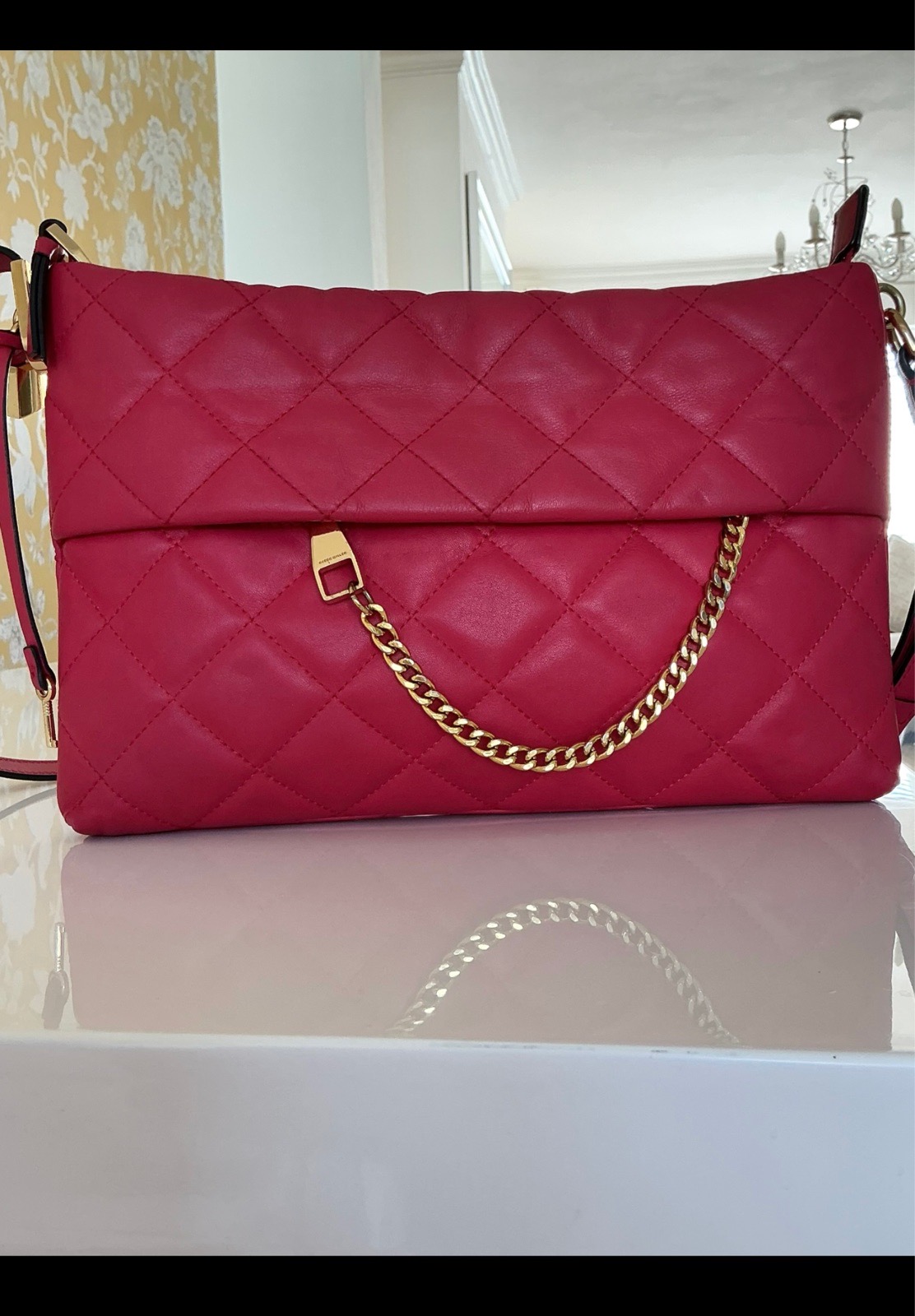 Karen Millen Leather Quilted Shoulder Bag Pink Gold Chain