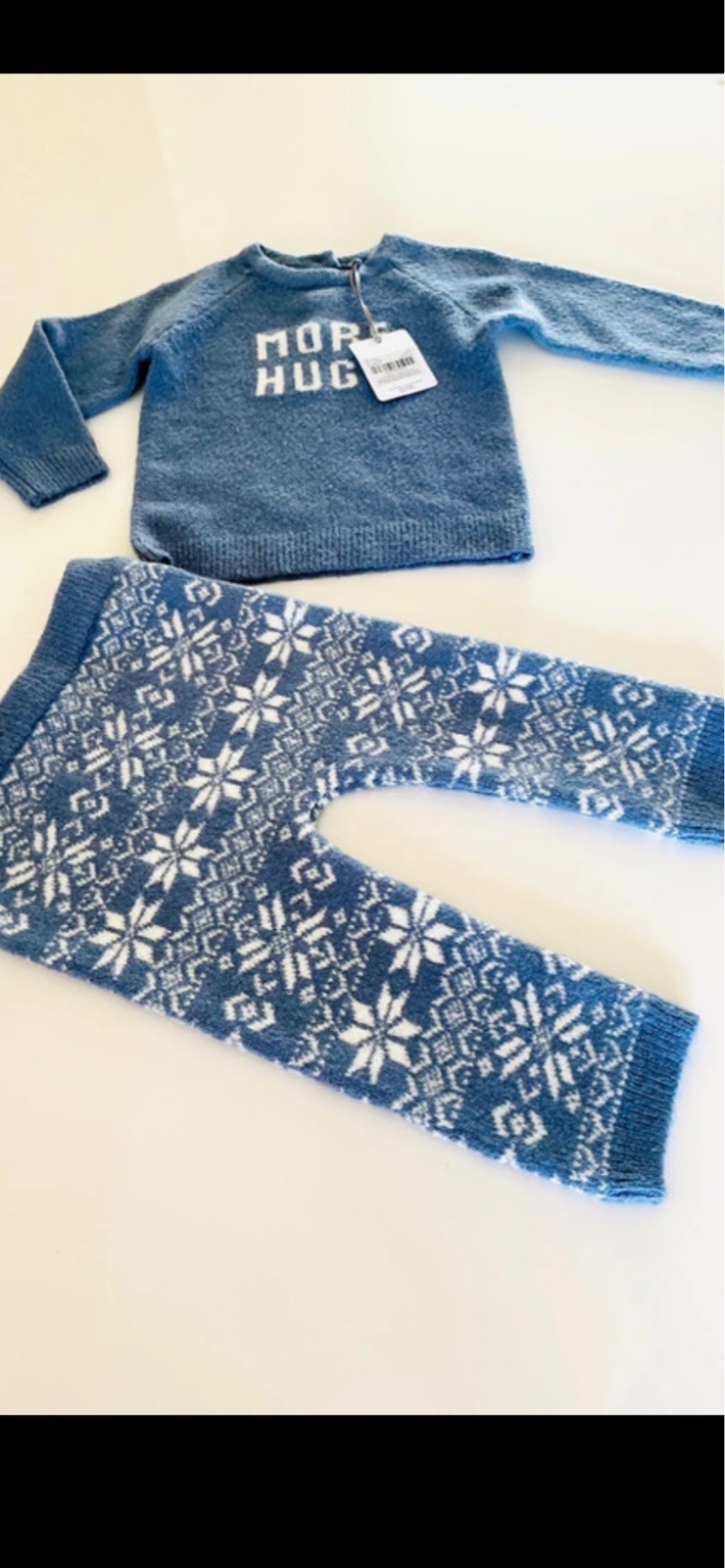 Baby Coord, Blue 'More Hugs' Knit Jumper & Snowflake Knit Leggings/Trousers Set  Age 9-12 Months