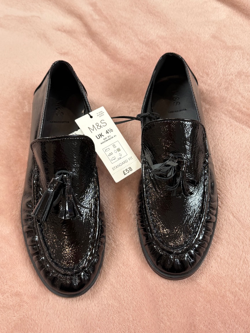 Leather Patent Ruched Tassel Flat Loafers RRP 58 pounds Size 4.5
