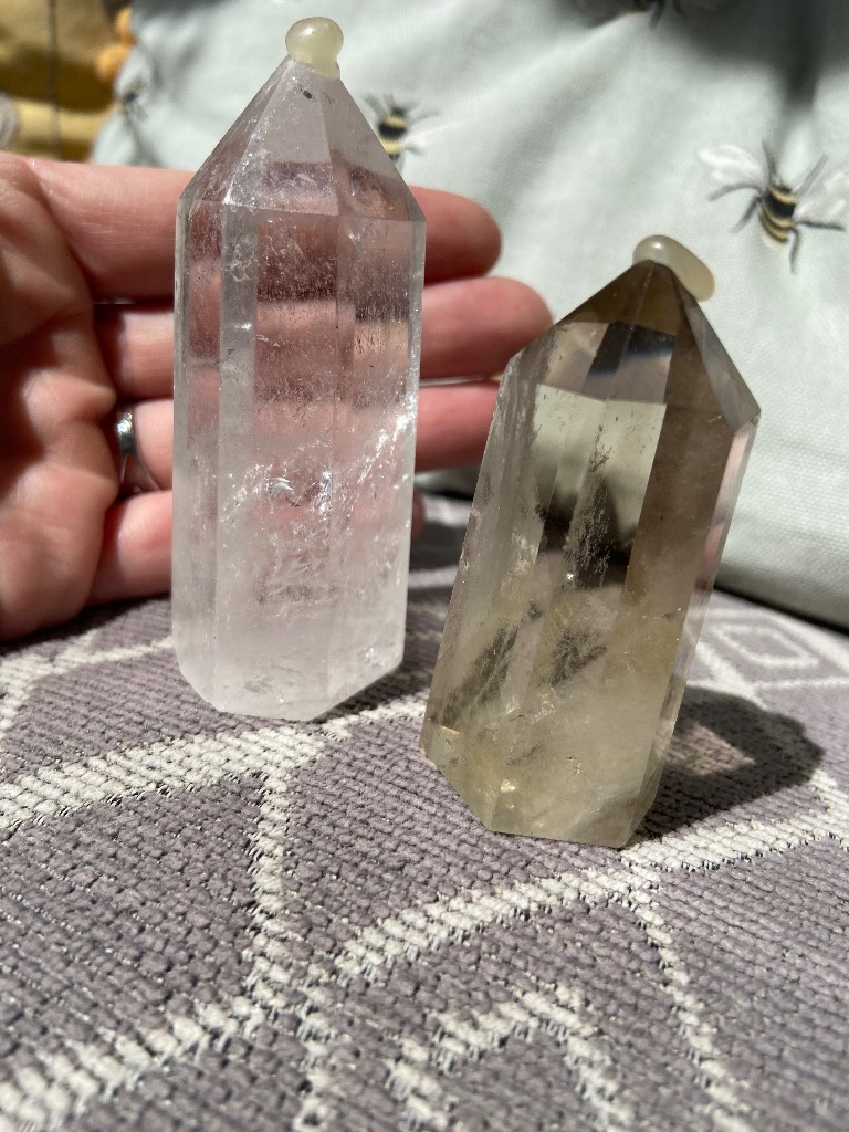 Two crystal towers , smoky and clear quartz