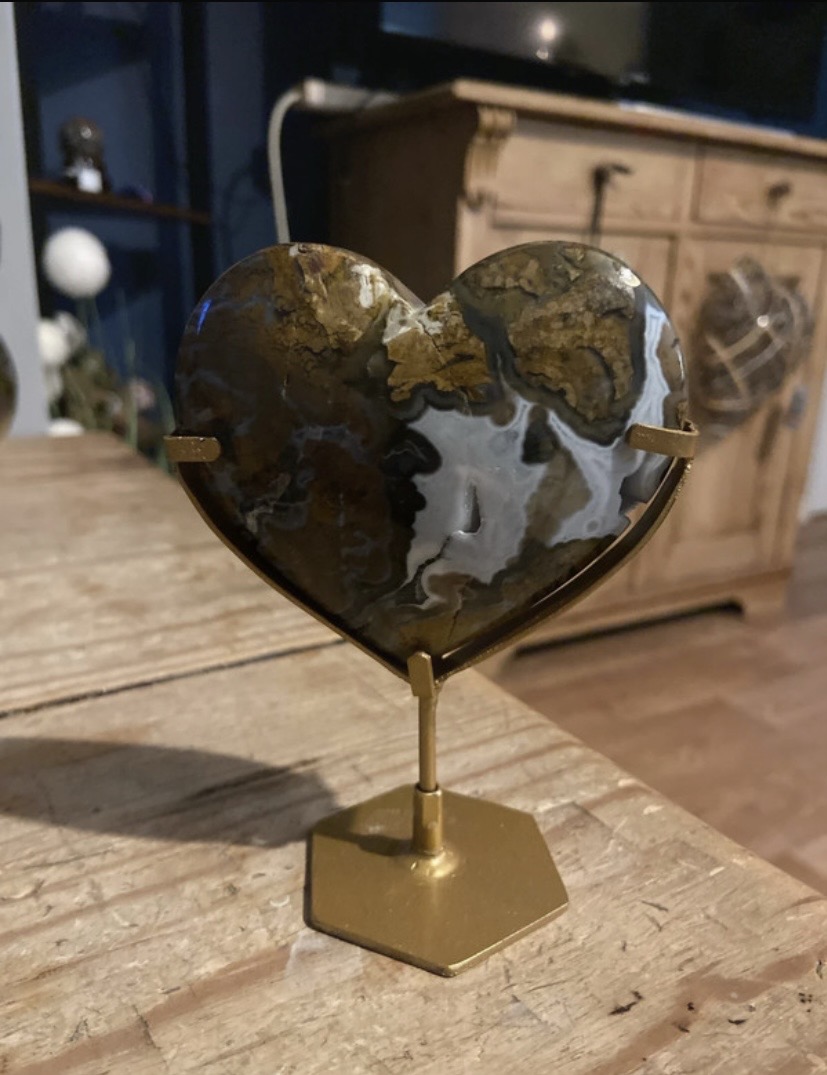 Moss agate and petrified wood heartwhich is UV reactive and stand