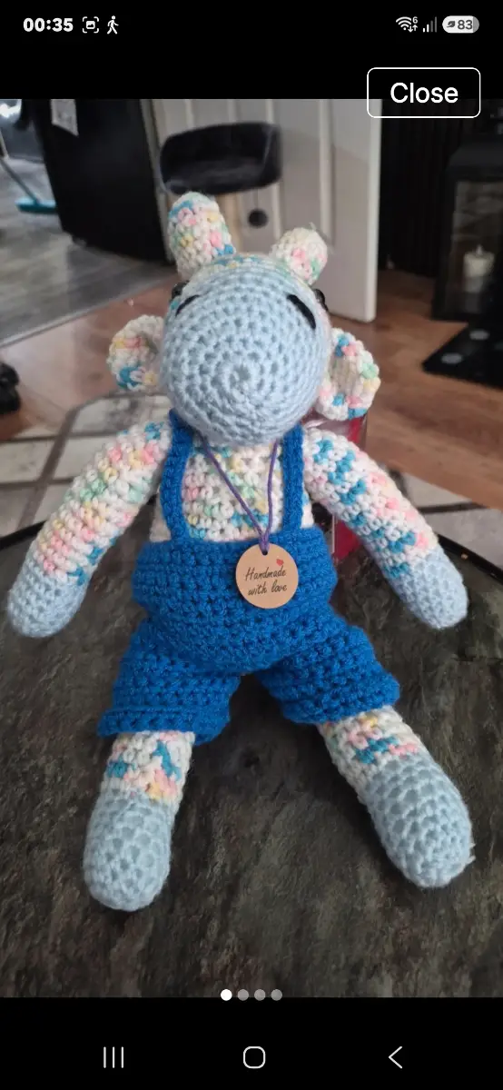 Handknitted blue giraffe with clothes